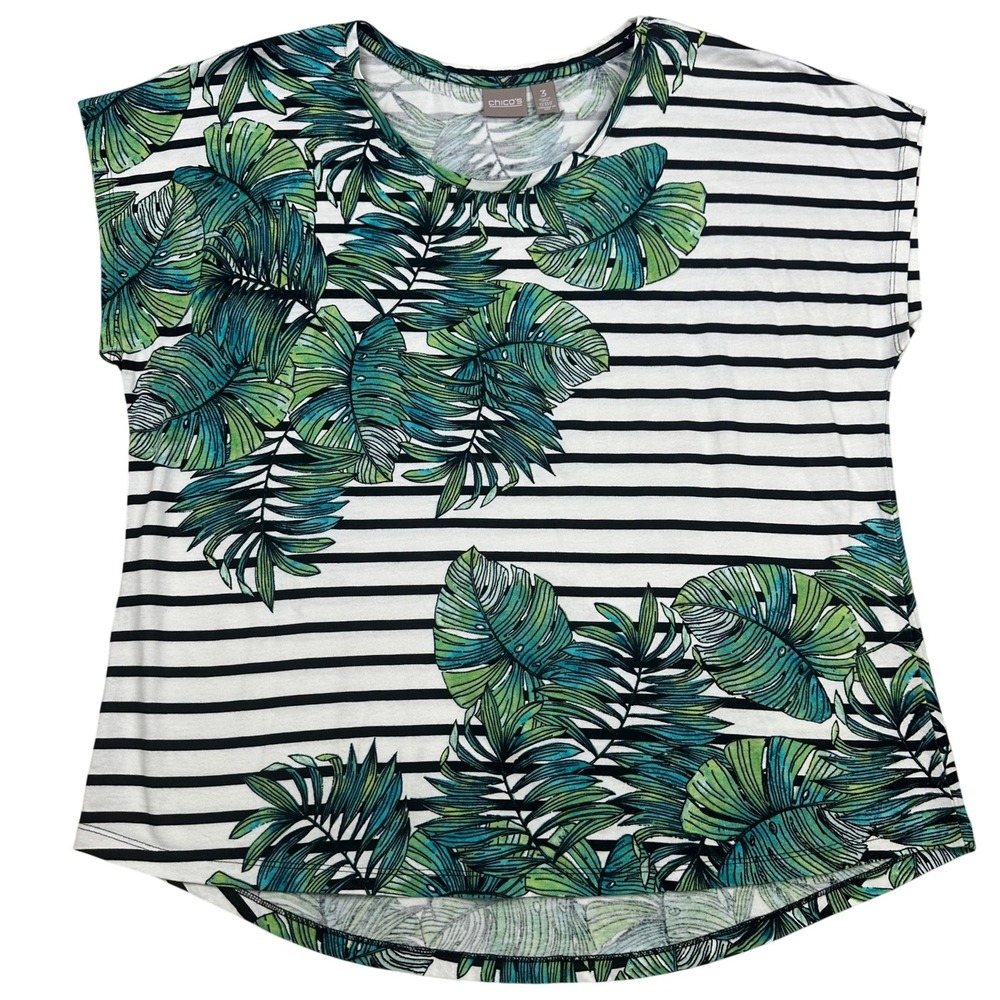 Chicos Womens Size 3 XL Tropical Palm Stripe Cotton Modal Top Green White Black